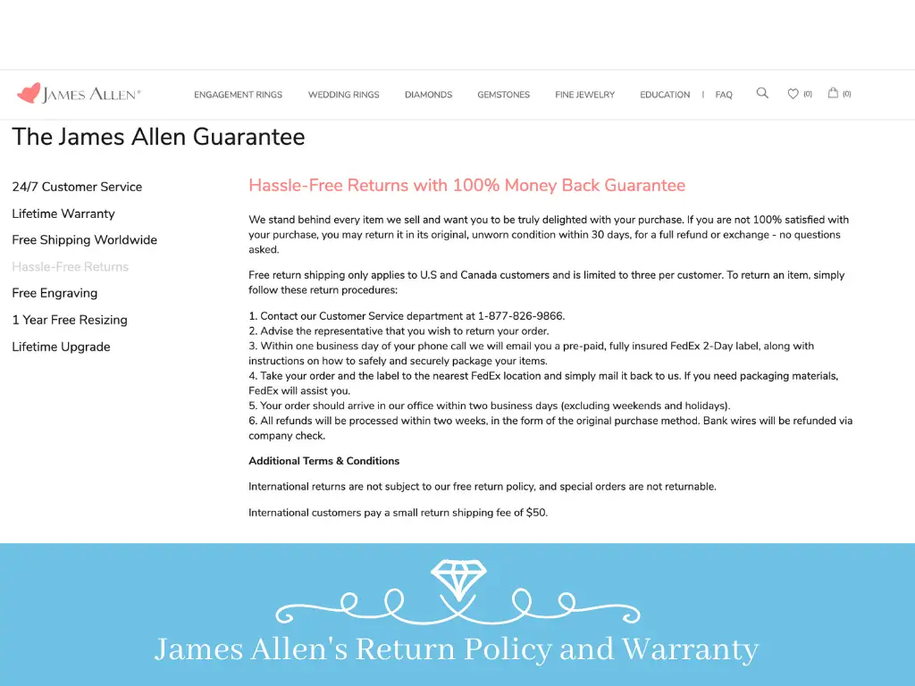 James Allen's Return Policy and Warranty