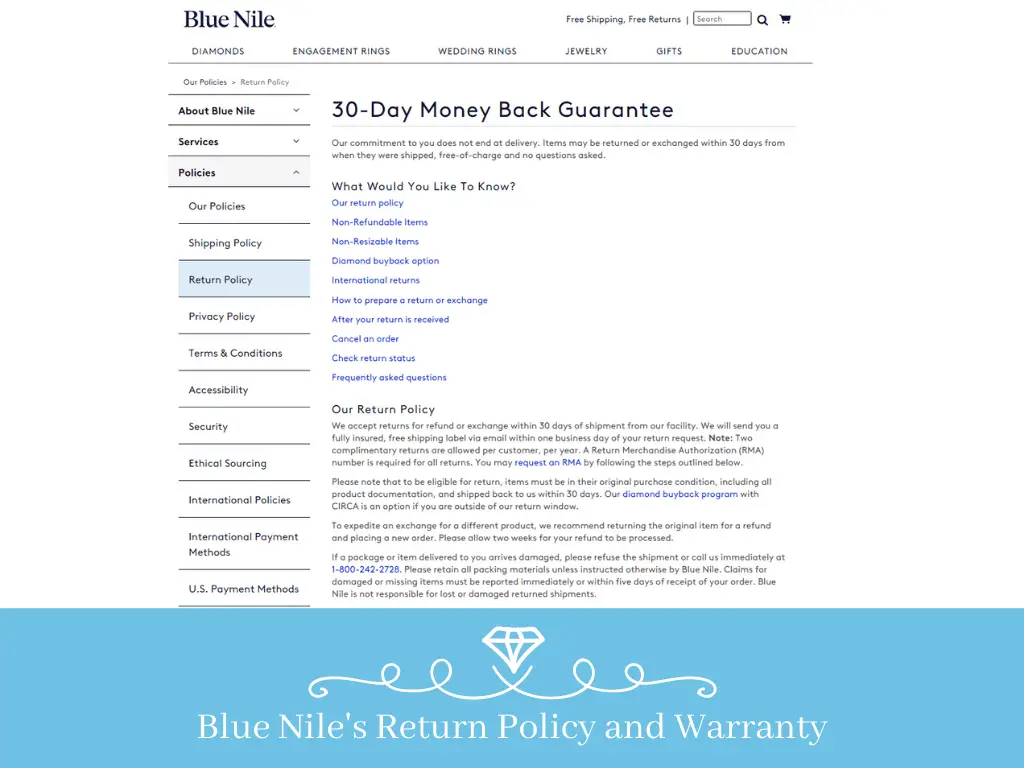 Blue Nile's Return Policy and Warranty