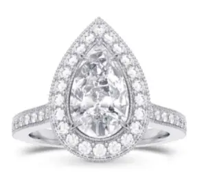 GIA Pear Shape Vintage Style Milgrain Halo Diamond Ring (1.30Ct TW)
