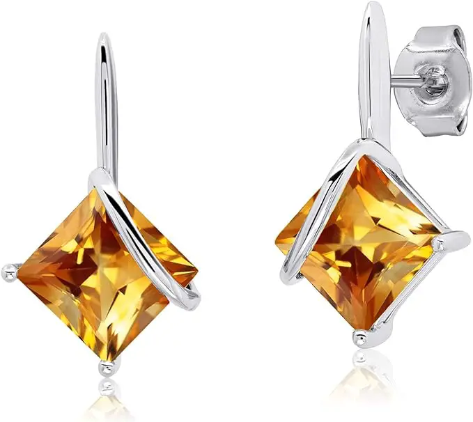 925 Sterling Silver Princess Cut Gemstone Square Drop Dangle Earrings for Women 7mm in Various Birthstones with Push Backs by MAX + citrine