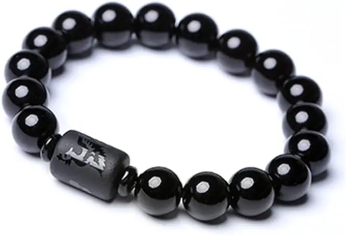 SX Commerce Natural Obsidian Stone Bead Bracelet Couple Men 10mm and Women 8mm Dragon and Phoenix Totem Jewelry
