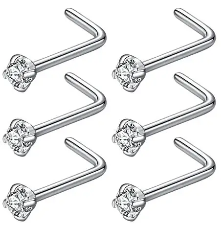 BLESSMYLOVE 316L Surgical Steel 22g/20g/18g Nose Rings Studs L-Shape Nose Nostrial Piercing Body Jewerly L Shaped Nose Studs 1.5mm 2mm 2.5mm 3mm CZ Nose Screw Studs Rings for
