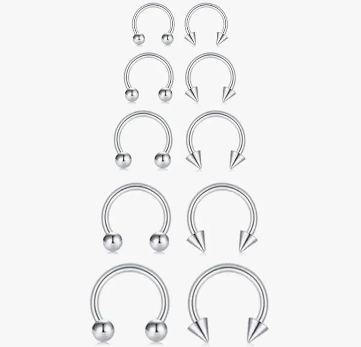 14Pcs 6/7/8/9/10/12/14mm Surgical Steel Horseshoe Septum Nose Ring Hoop Set, Externally Threaded Circular Curved Barbell Body Piercing Jewelry for Lip Eyebrow Nipple Daith Tragus Helix Cartilage Rook Multiple Piercing ( Ball + Spike Cone)