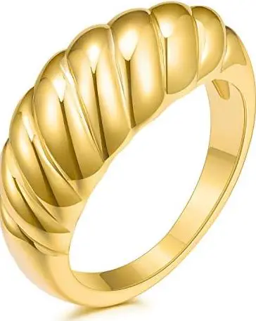 INEAR 18k Gold Plated Croissant Braided Twisted Signet Chunky Dome Ring Stacking Star Band