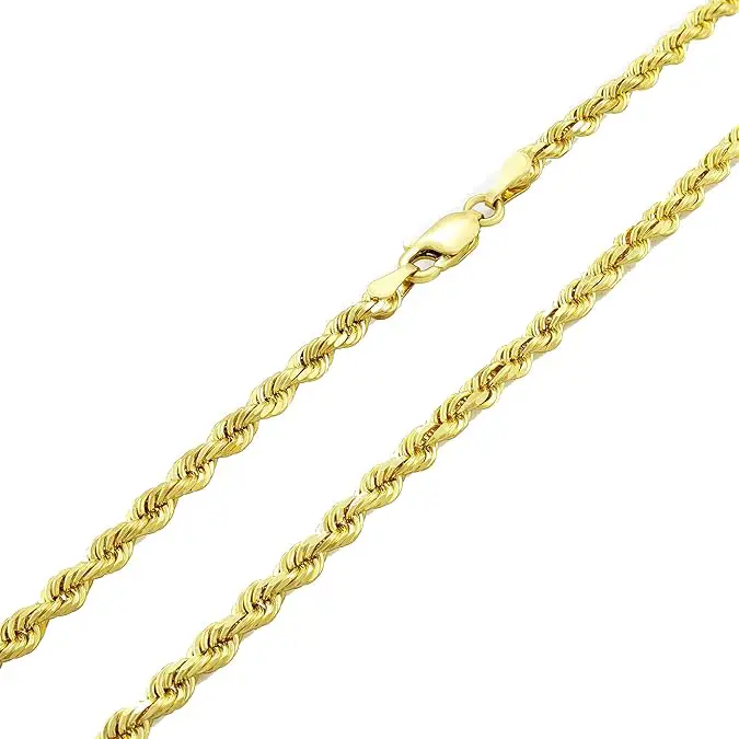Nuragold 14k Yellow Gold 3mm Solid Rope Chain Diamond Cut Link Pendant Necklace, Mens Womens Jewelry