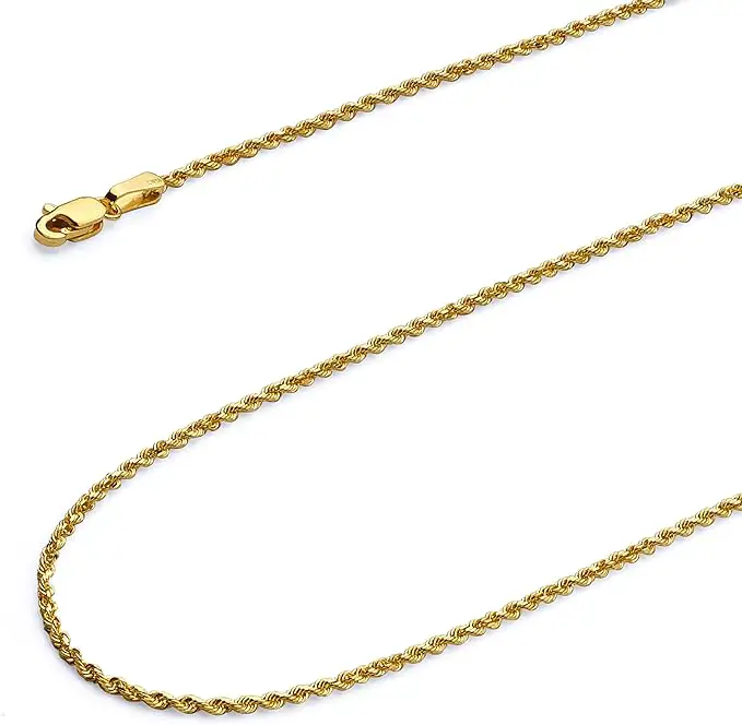 Wellingsale 14k Yellow Gold Solid 2mm Diamond Cut Solid Rope Chain Necklace with Lobster Claw Clasp