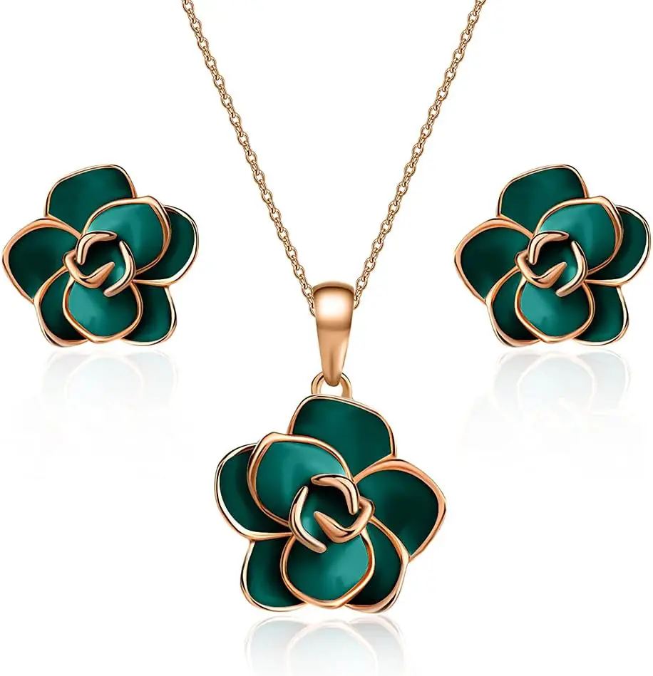 Rose Flower Necklace Earrings Set for Women 18K Gold Plated Hypoallergenic Jewelry Sets